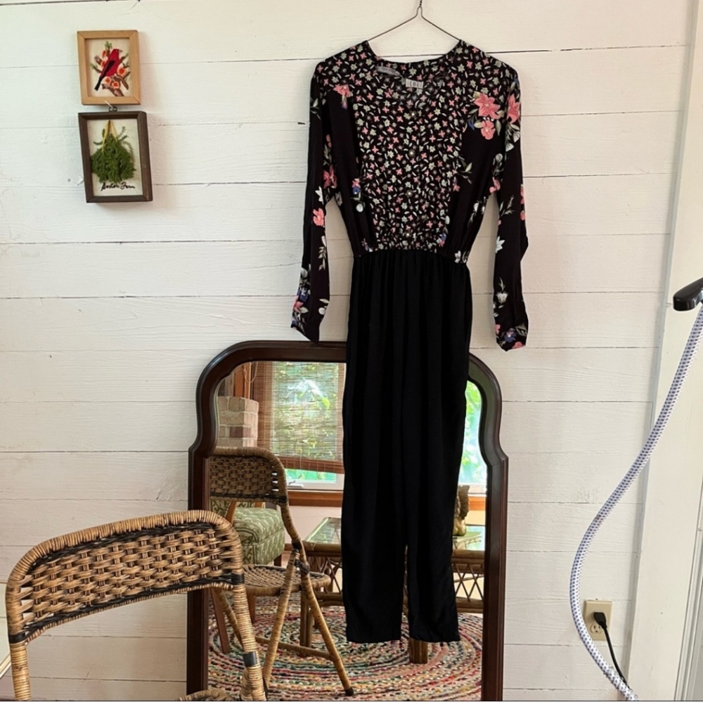 Vintage 80s Floral Jumpsuit Gold Buttons French Chic Bohemian Size Small